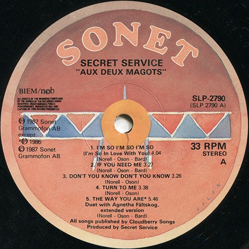 Виниловая пластинка Secret Service - Aux Deux Magots, SWE, страна ...